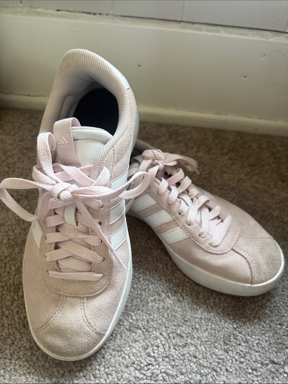 adidas Women’s Light Pink Suede Low-Top Sneakers with White Stripes